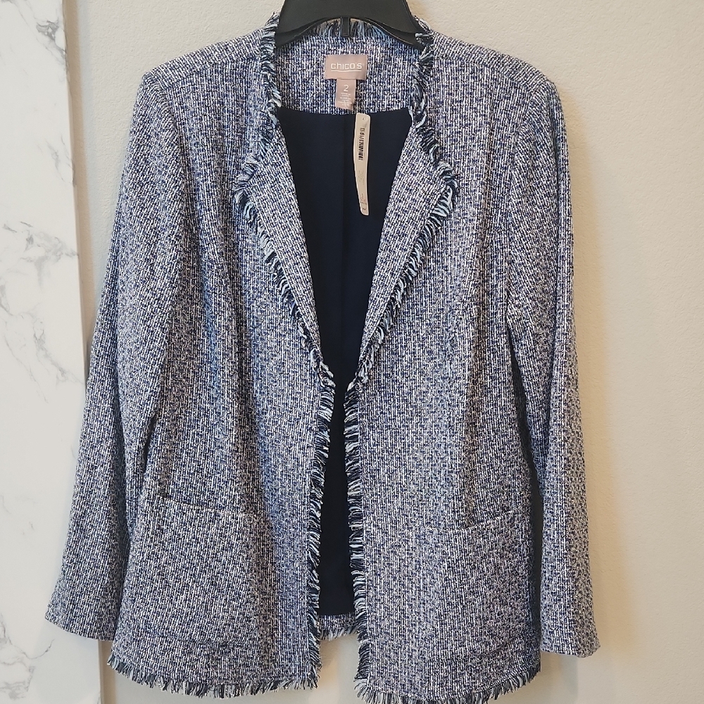 Chico's Blue Blazer with Fringe Trim, Size 12